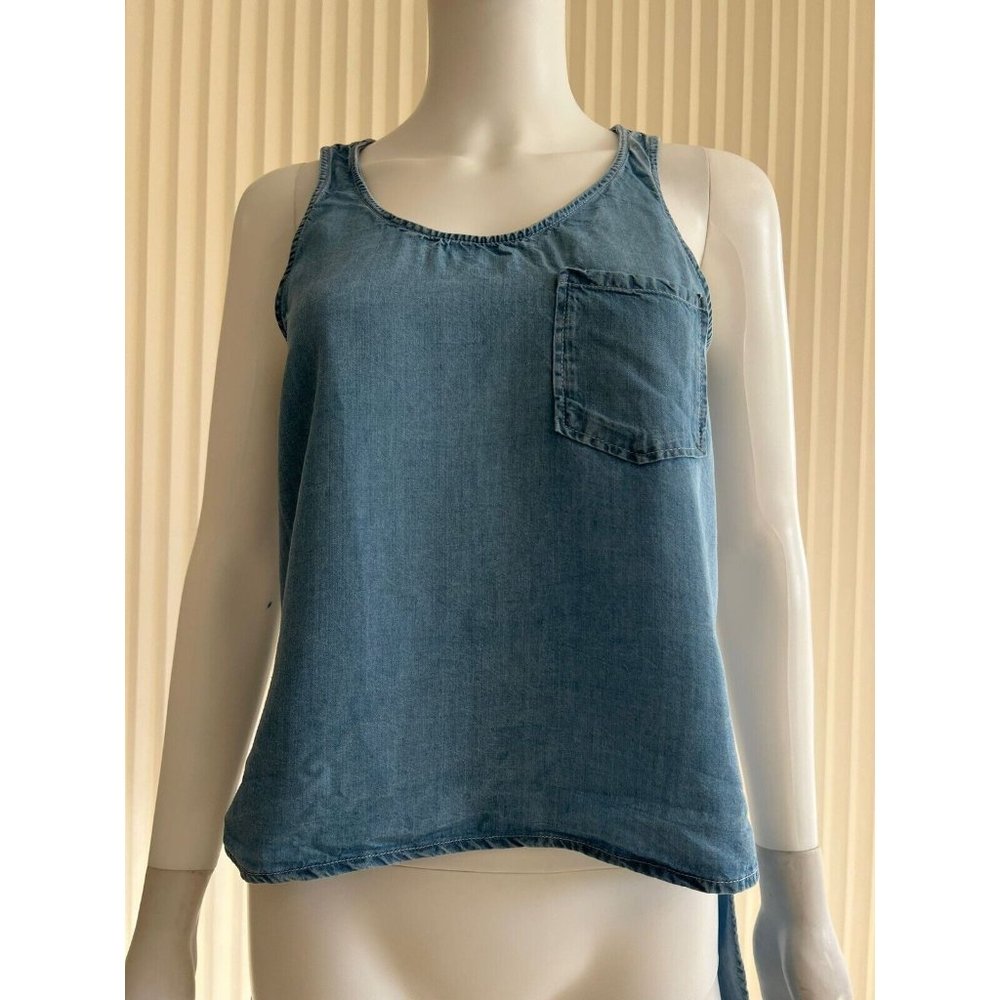 Zara Women's Top Blouse Shirt Denim Blue Sleeveless Scoop Neck Hi Low S